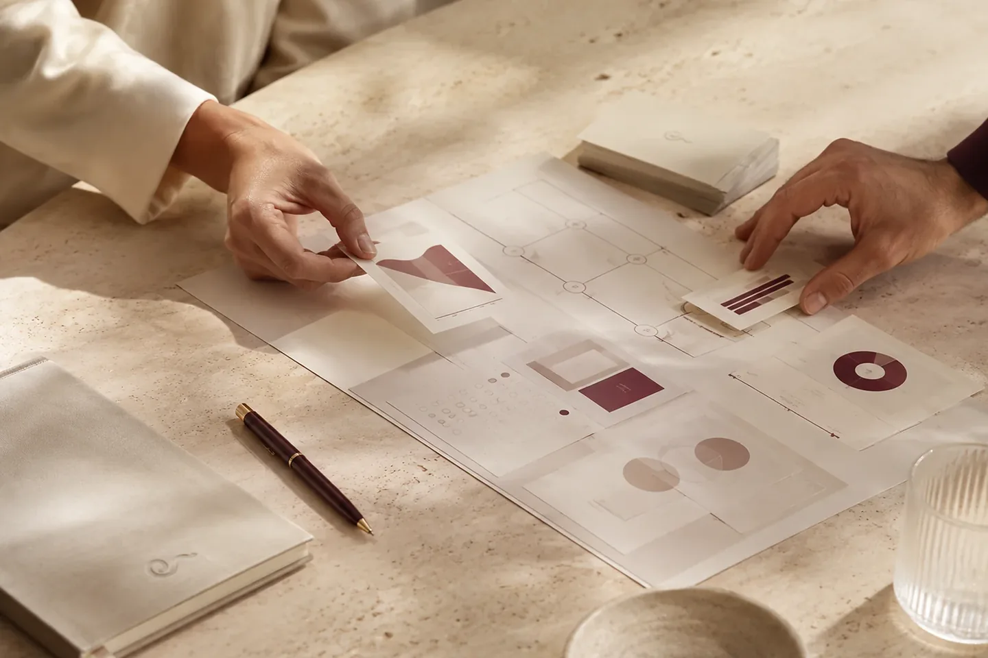 Copias fotográficas y cuaderno de trabajo junto a la cámara del estudio