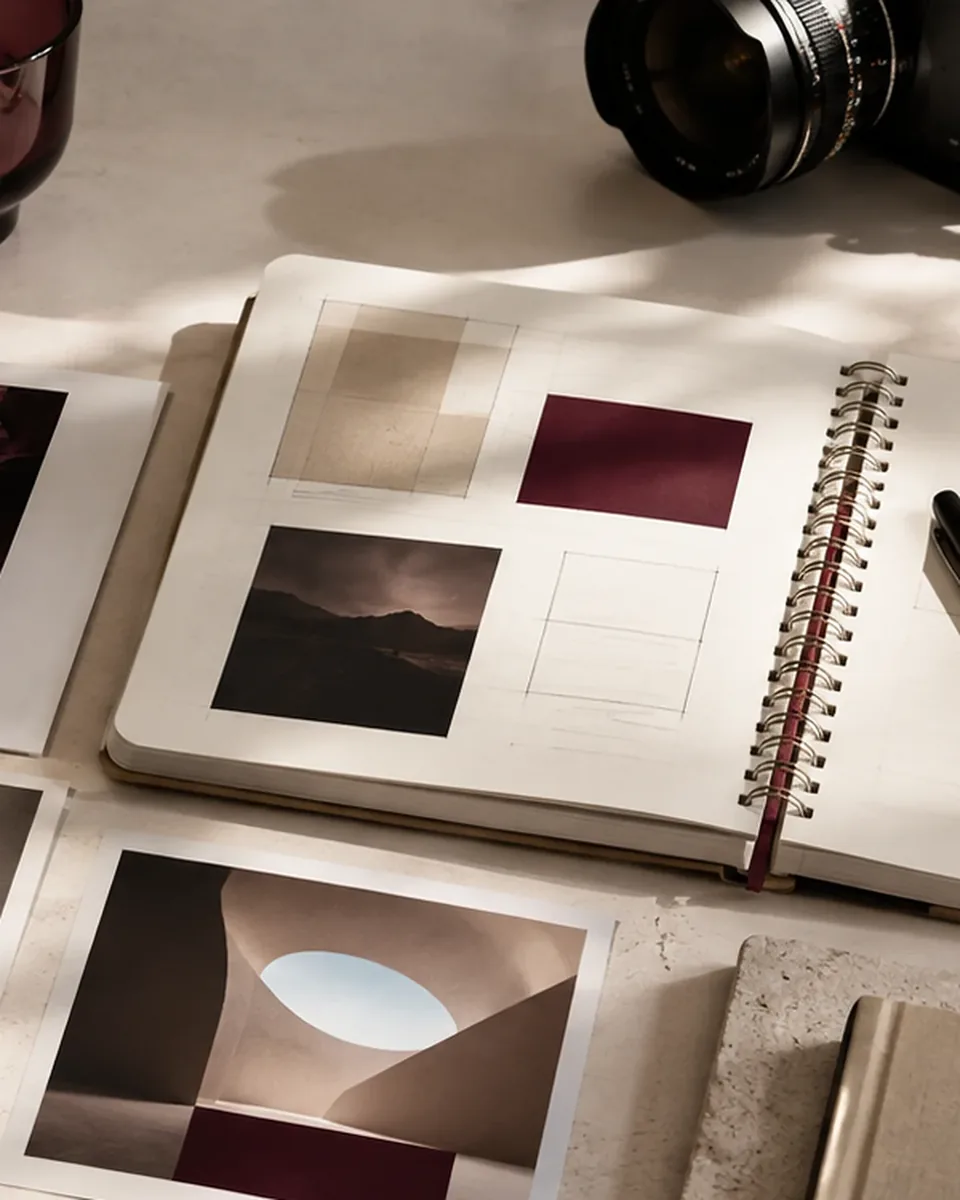 Cuaderno de dirección de arte con encuadres y muestras de color