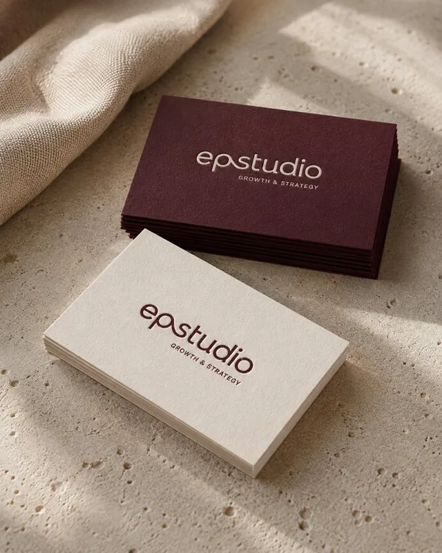 Tarjetas de visita de EP Studio en granate y arena con el logotipo en relieve