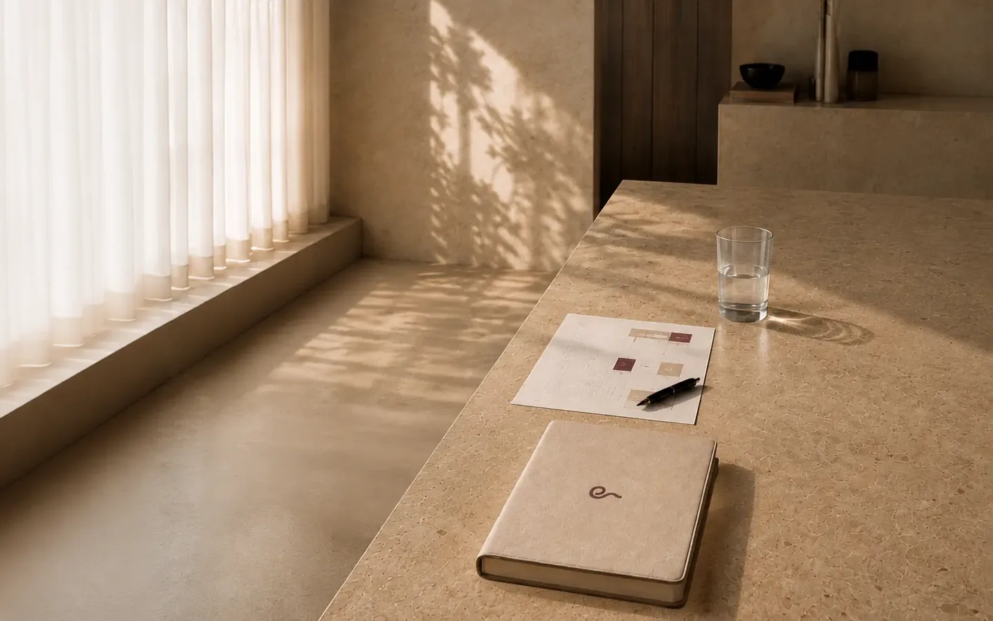 Mesa de trabajo del estudio con luz natural