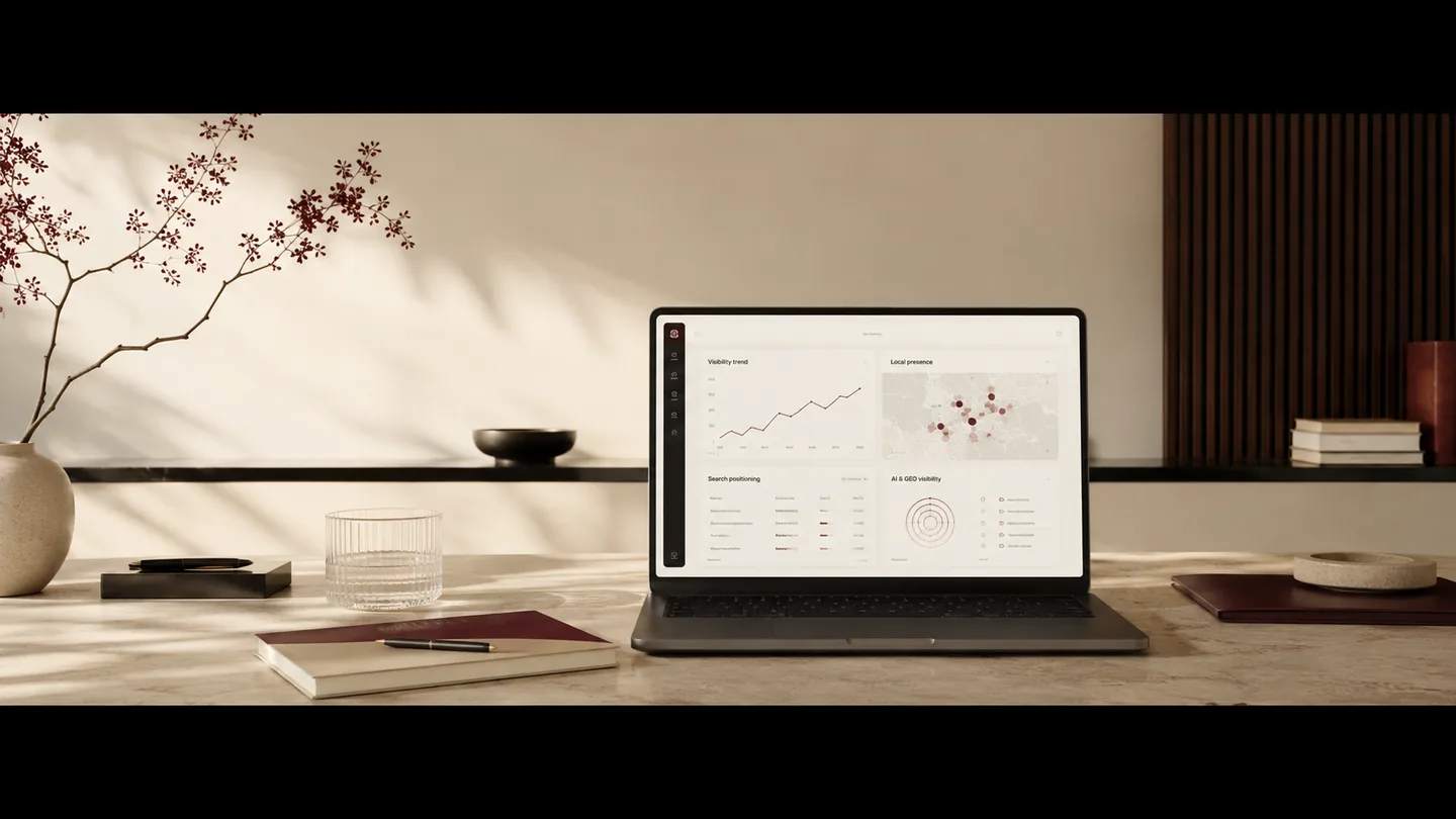 Panel con la evolución de visibilidad, posiciones y presencia local de una web