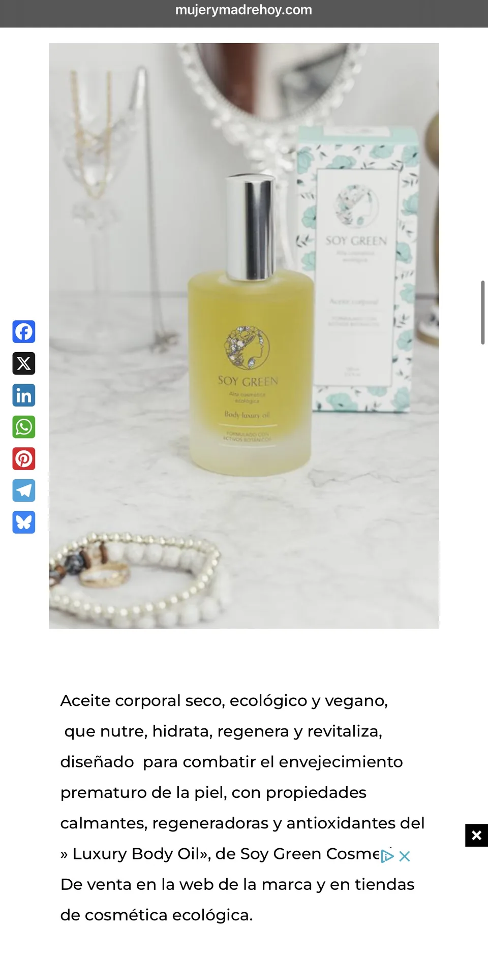 Aceite corporal de Soy Green reseñado en un medio digital